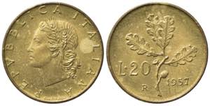 REPUBBLICA ITALIANA. 20 lire 1957 gambo ... 
