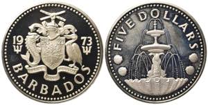BARBADOS. 5 Dollars 1973. Ag (31,55 g). Proof