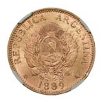 5 Peso. 1889. Obv: Flagged arms within ... 