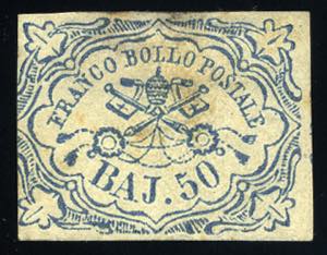 Pontificio - 1852 - 50 b. azzurro, con ... 