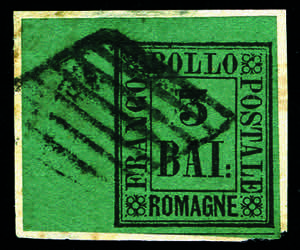 Romagne - 1859 - 3 b. verde scuro, ... 
