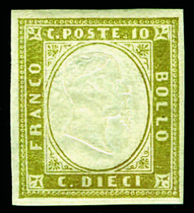 Sardegna - 1858 - 10 c. oliva chiaro, fresco ... 