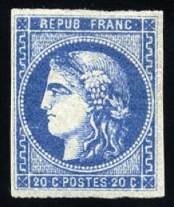 Francia - 1870/71 - 20 c. azzurro, III tipo, ... 