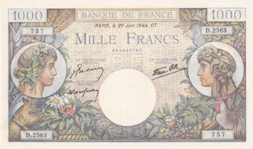France, 1.000 Francs, 1944, UNC, ... 
