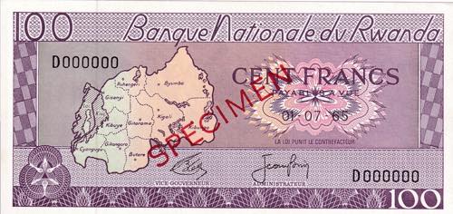 Rwanda, 100 Francs Specimen, 1965, ... 