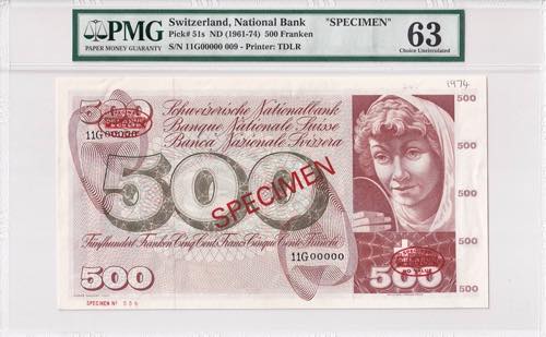 Switzerland, 500 Francs Specimen, ... 