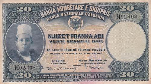 Albania, 20 Franka Ari 1926, VF+