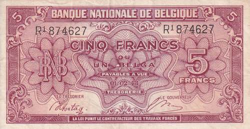 Belgium, 5 Francs 1943, VF+