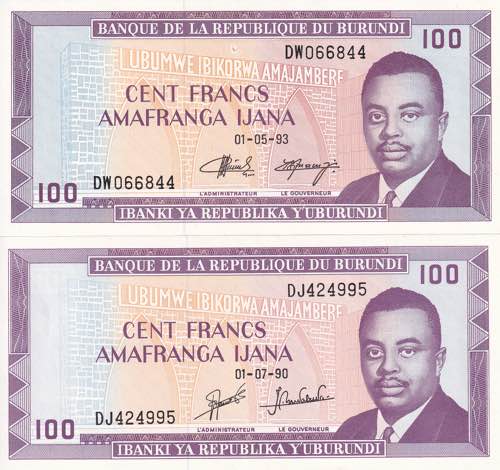 Burundi, Lot of 2 EA 100 Francs ... 