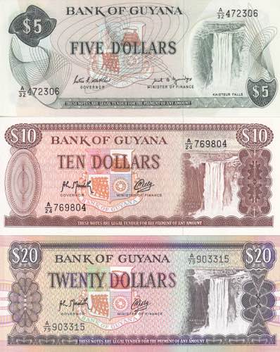 Guyana,5-10-20 Dollars 1965-1996, ... 