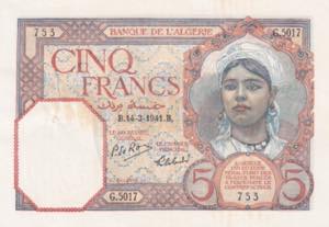 Algeria, 5 Francs, 1941, AUNC, B123d, Staple ... 