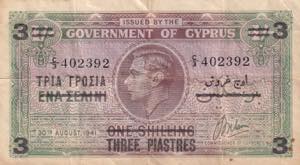 Cyprus, 1941, 3 Piastres on 1 shilling, VF, ... 