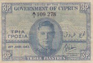 Cyprus, 1943, 3 Piastres, AUNC, B128, King ... 