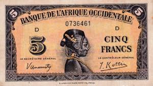 French West Africa, 5 Francs, 1942, VG, ... 