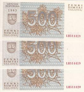 Lithuania, Lot of 3 ea 500 Talonas, 1993, ... 