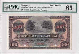 Paraguay, 100 Peso Specimen, 1920, PMG 64, ... 