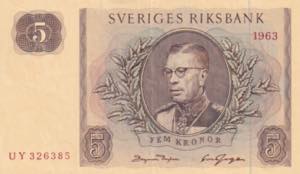 Sweden, 5 Kronor, 1963, AUNC-, B134h, 