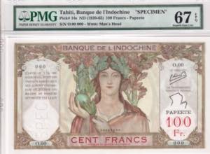 Tahiti, 100 Francs Specimen, ND(1939-65), ... 