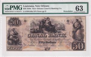 Louisiana, 50 Dollars Remainder, 1850s, PMG ... 