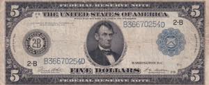$5 US Federal Reserve Note, 1914, New York, ... 