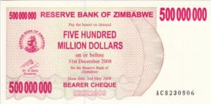 Zimbabwe, 500 Million Dollars, 2008, UNC, ... 