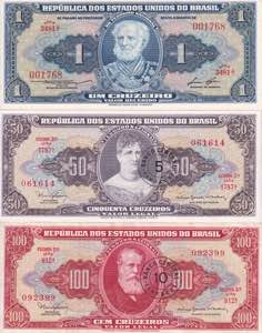 Brazil, 1-50-100 Cruzeiros 1944-1967, XF/UNC