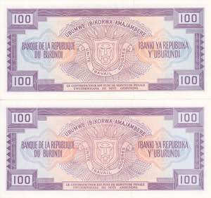 Burundi, Lot of 2 EA 100 Francs ... 