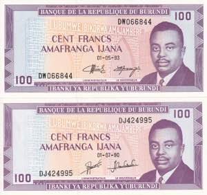 Burundi, Lot of 2 EA 100 Francs 1990-1993, ... 