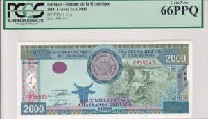 Burundi, 2.000 Francs 2001, PCGS 66EPQ
