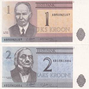 Estonia, 1992 Issues Lot, 1-2 Krooni, UNC