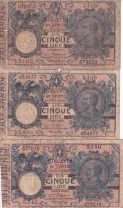 Italy, Lot of 3 EA 5 Lire 1904-1925, Poor/F+