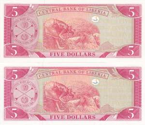Liberia, Lot of 2 EA 5 Dollars ... 