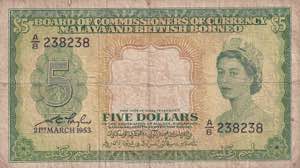 Malaya, 5 Dollars 1953, F+