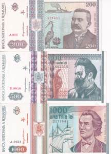 Romania, 1992 Issues 200-500-1.000 Lei, UNC