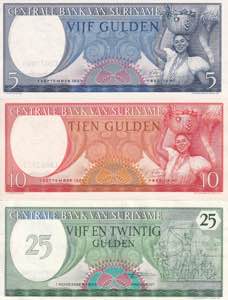 Surinam, 5-10-25 Gulden 1963-1985, AUNC/UNC