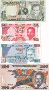Tanzania, 10-50-100-200 Shillings 1978-1995, ... 