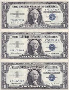 USA, Lot of 3 EA 1 Dollar 1957B, UNC