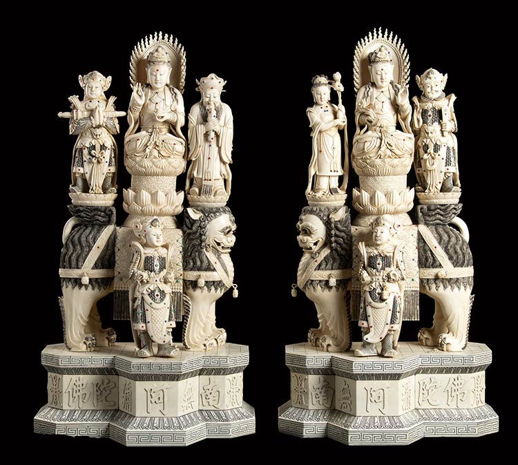 A PAIR OF IVORY CARVINGS OF GROUPS ... 