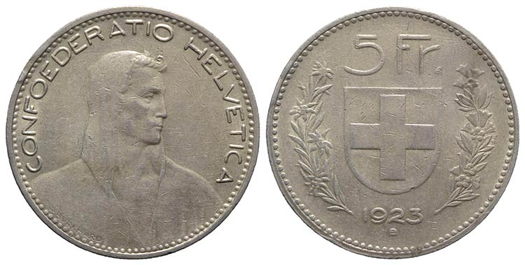 Switzerland. AR 5 Francs 1923 ... 
