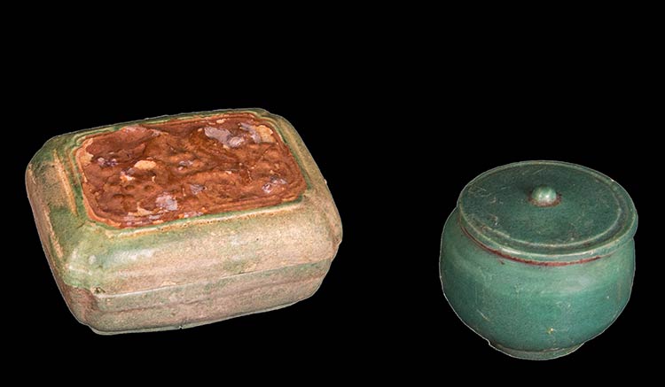 TWO GREEN-GLAZED COSMETIC BOXES ... 