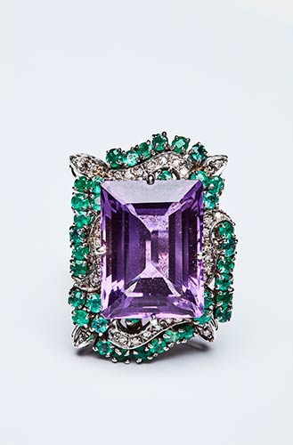 RING WITH AMETHYST, EMERALDS, AND ... 