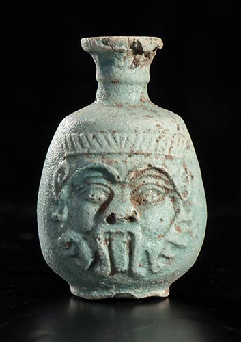 EGYPTIAN FAIANCE FLASK WITH BES ... 