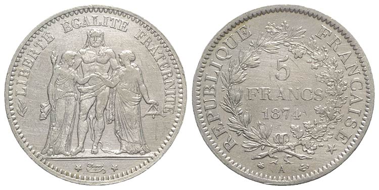 France, AR 5 Francs 1874 (37mm, ... 