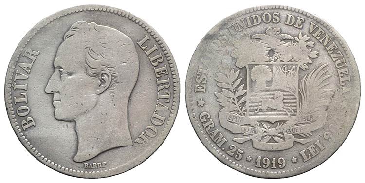 Venezuela, AR 5 Bolivares 1919 ... 