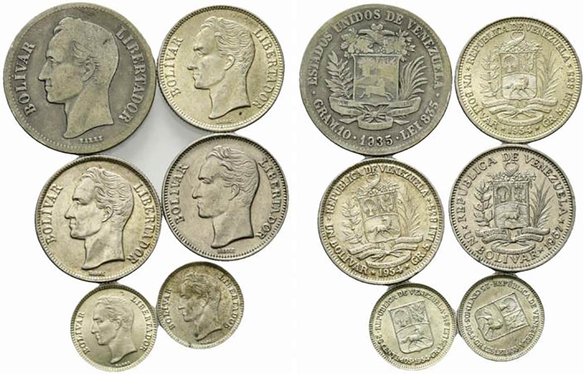 Venezuela, lotto di 6 monete in AG
