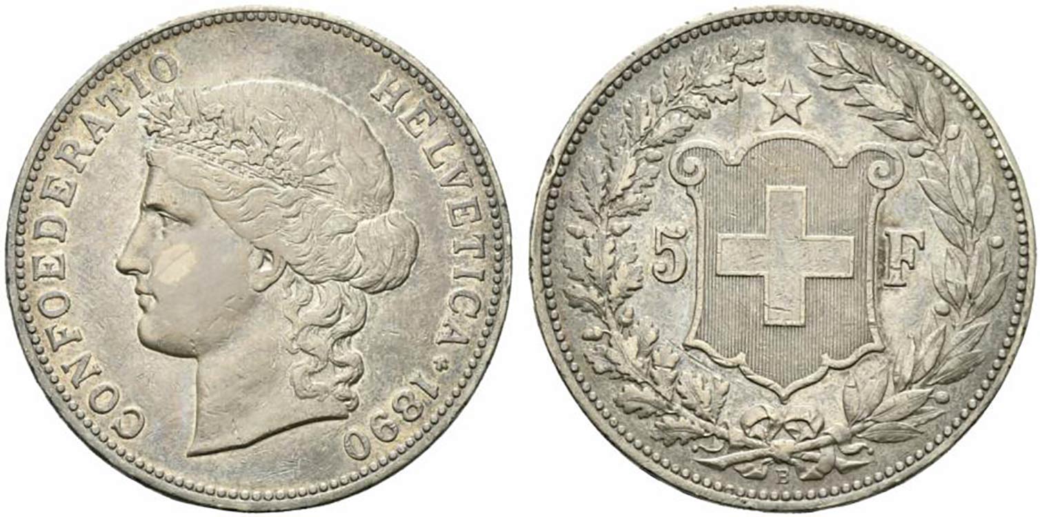 Svizzera.  AR 5 franchi 1890 B. ... 