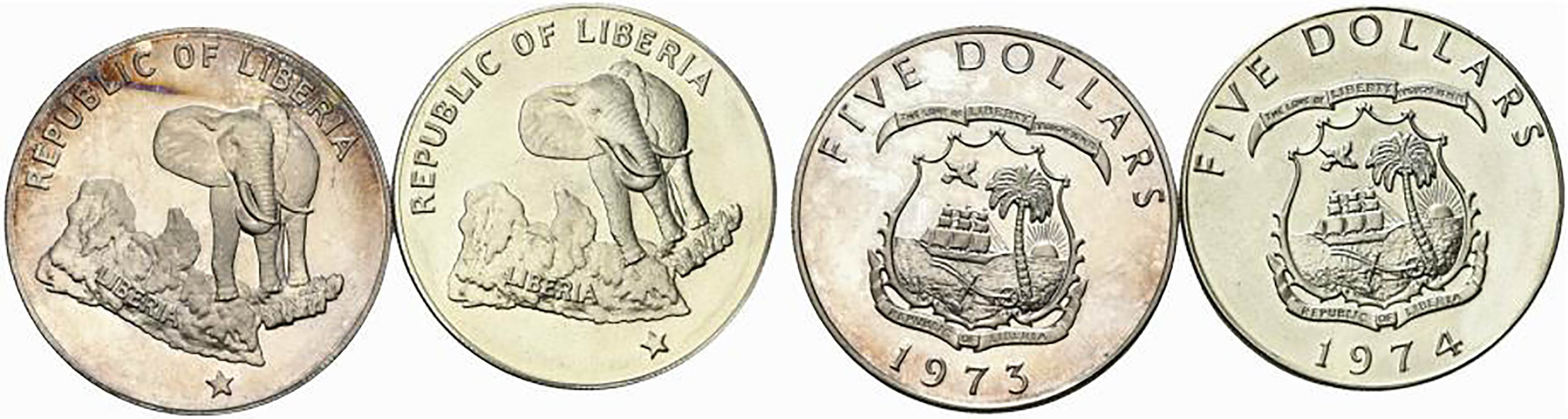Liberia. AR 5 Dollari 1973 e 1974  ... 