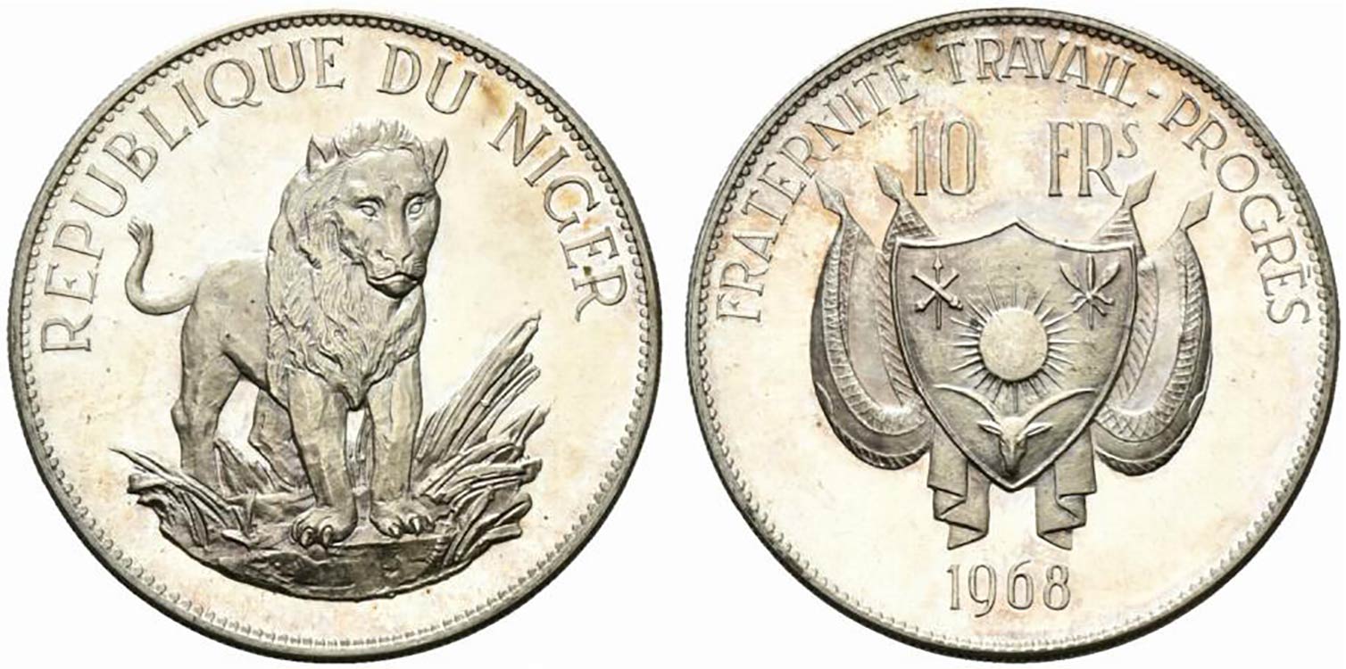 Niger . AR 10 Francs 1968 Leone, ... 