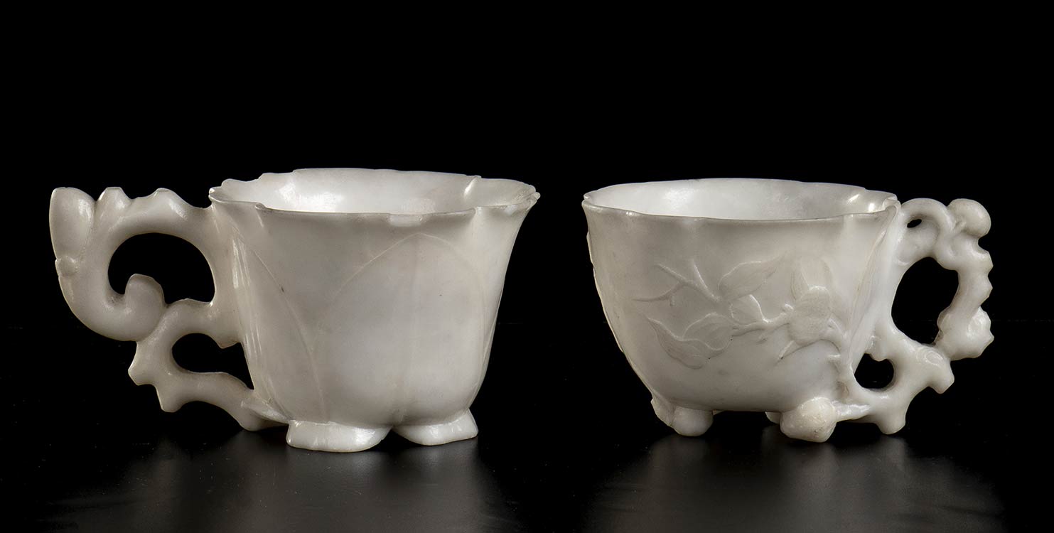 TWO CARVED WHITE STONE CUPS China, ... 