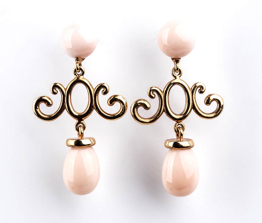 Gold and pink coral drop earrings ... 